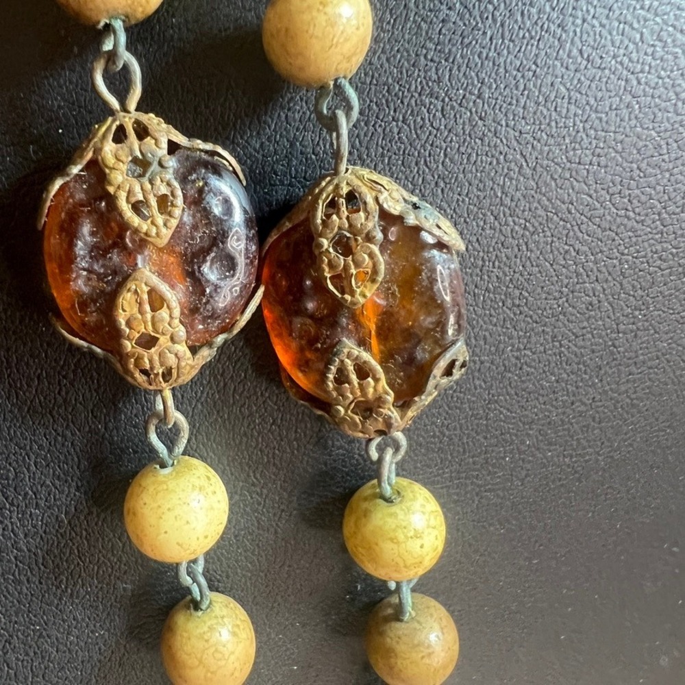 Antique Art Deco Glass Brass Filigree Flapper Sautoir Necklace 20s 30s 56In READ